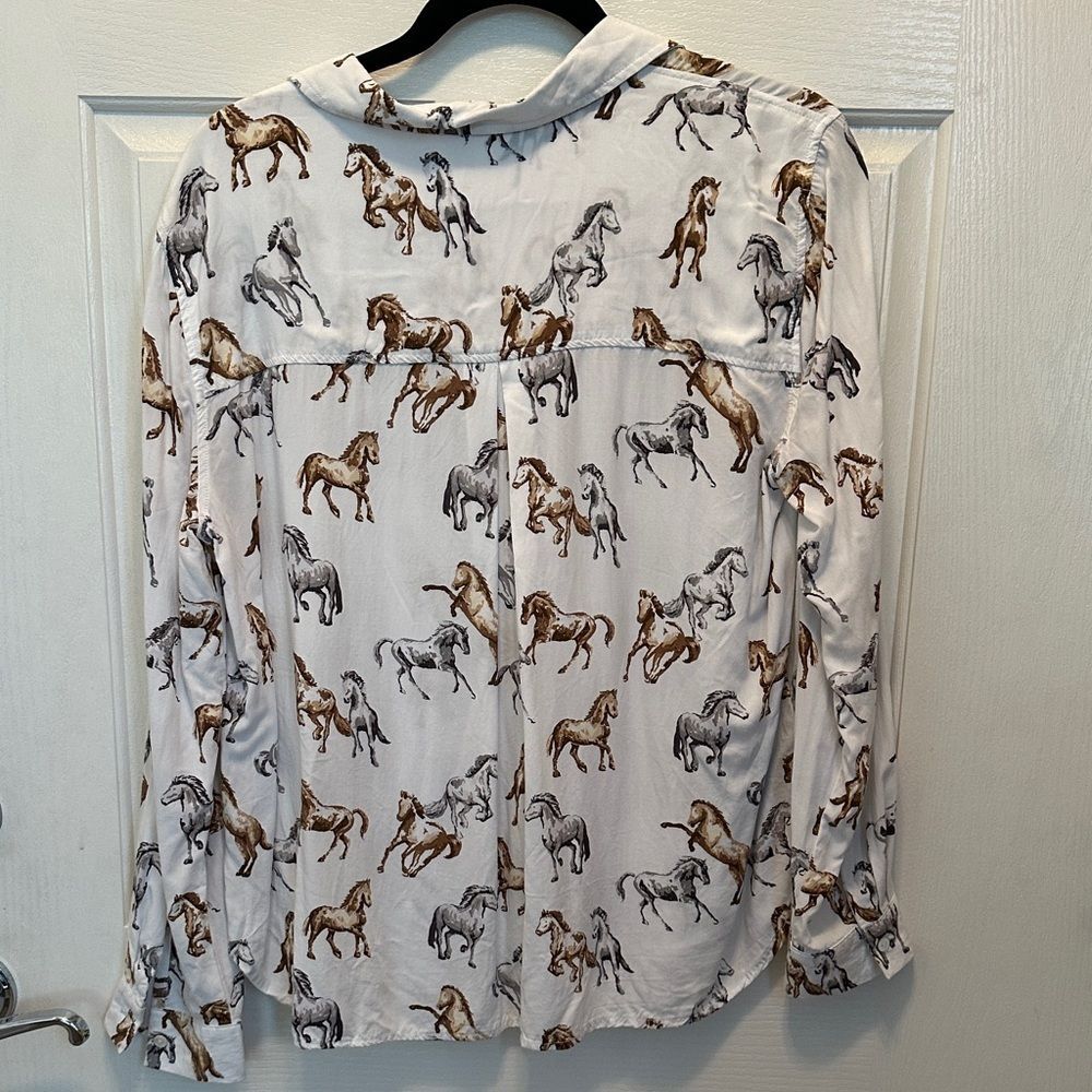 Jane and Delancey White Button-Down with Brown and Gray Horse Print Large - Picture 6 of 7